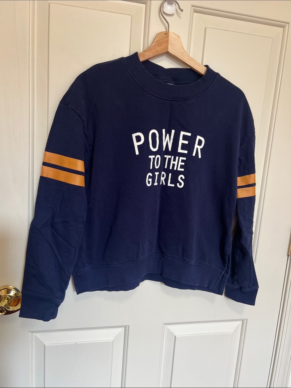 H&M Navy Crewneck Sweatshirt with Mustard Stripe Detail